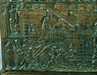 The Courtrai Chest Depicting the Attack of the Courtrai Garrison, During the Battle of the Golden Spurs, Fought in Courtrai in 1302 (detail)